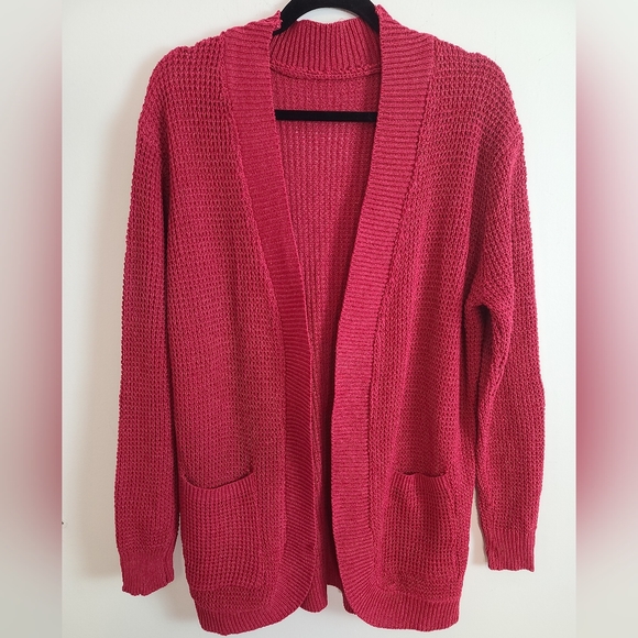 Sweaters - Burgundy Open Front Medium Weight Cardigan with Pockets
